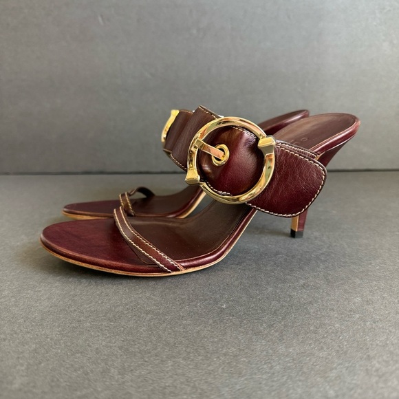 GUCCI High Heels Open Toe Sandals Shoes Maroon Merlot Leather Horsebit Buckle 8 - Picture 6 of 15